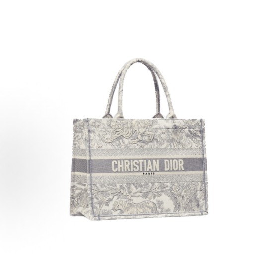 DIOR BookTote printed tiger pattern embroidered canvas handbag, medium size for women, grey